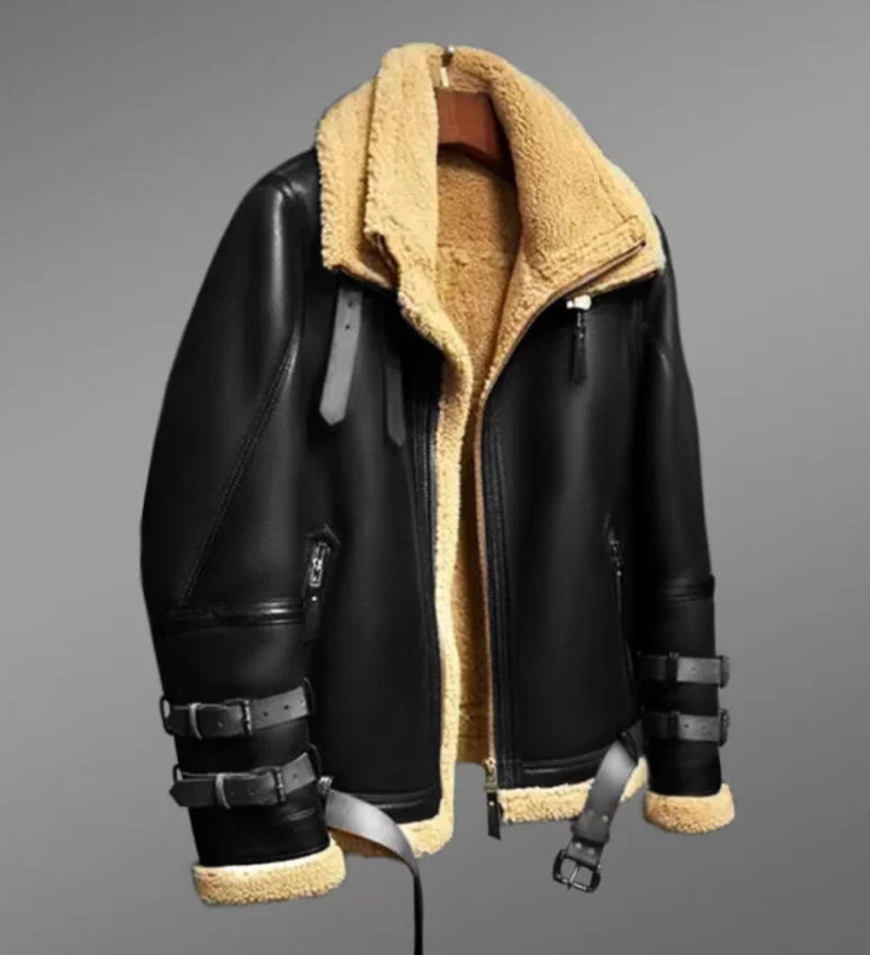 SHEEPSKIN LEATHER JACKET WITH DETACHABLE FUR COLLAR