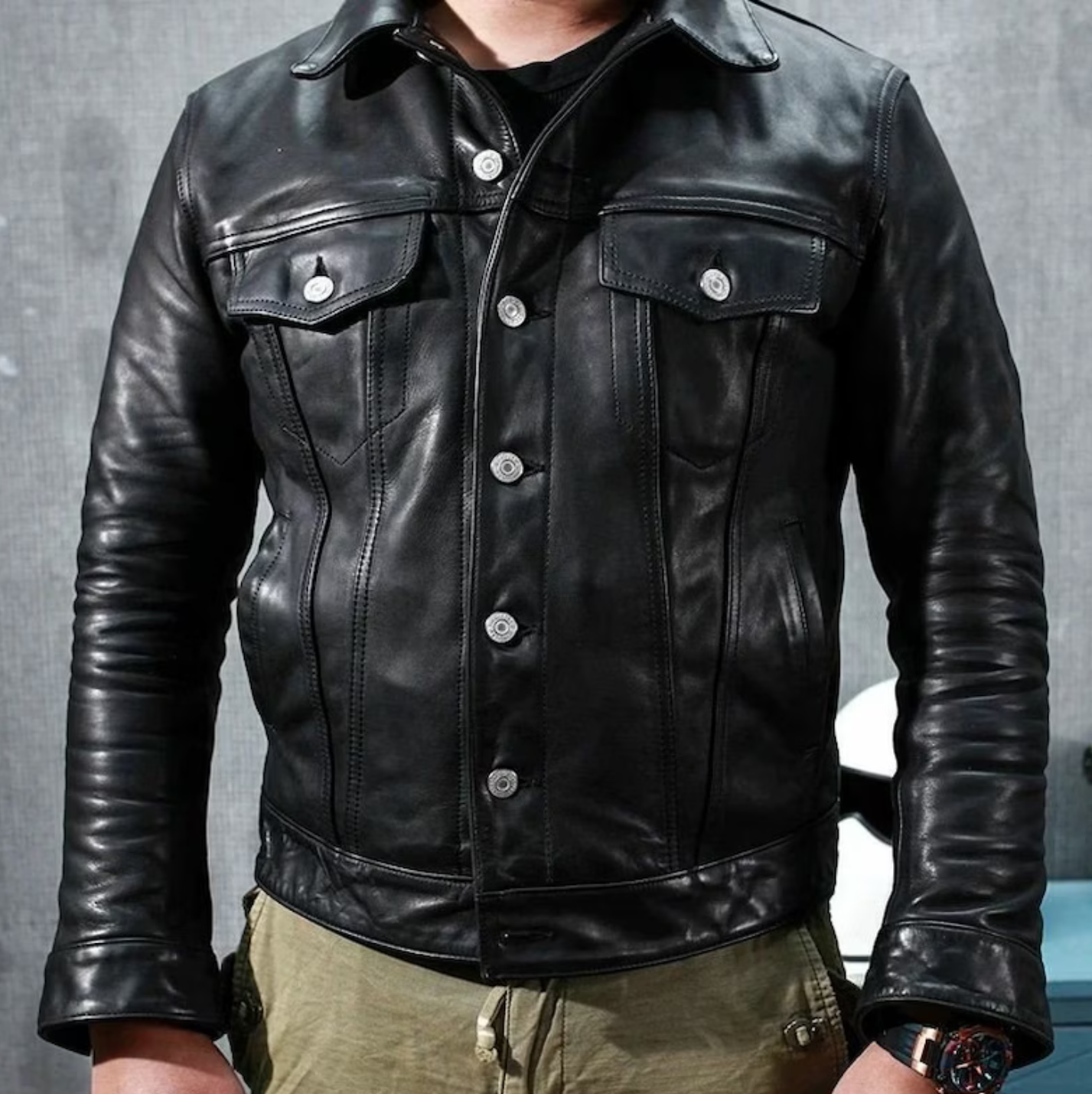 HANDMADE BLACK LEATHER TRUCKER JACKET