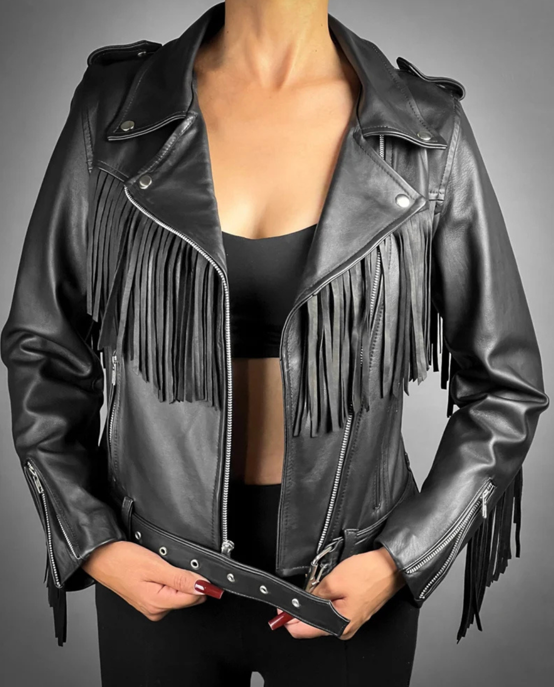 WOMEN'S BLACK FRINGE LEATHER JACKET