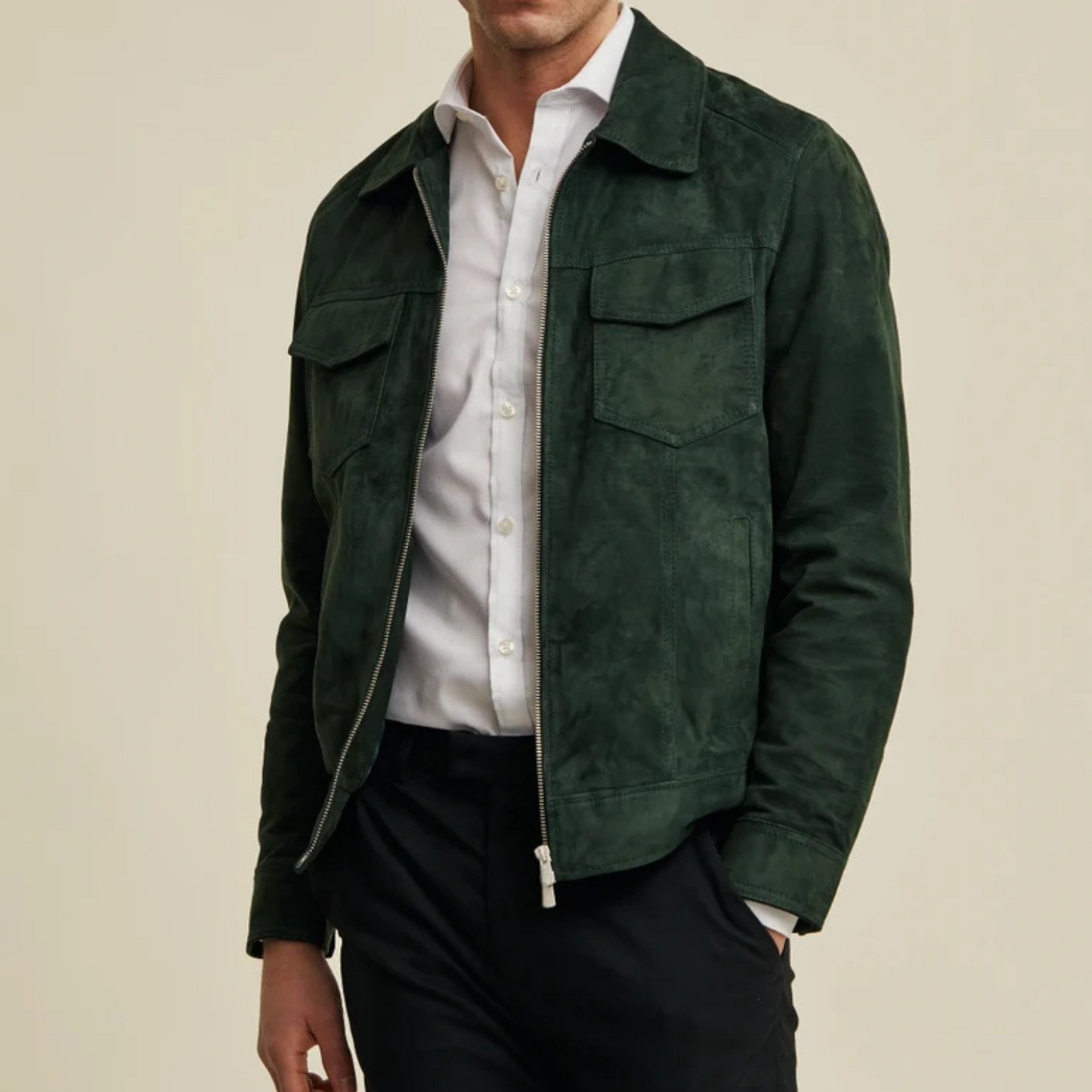 OLIVE GREEN SUEDE LEATHER JACKET