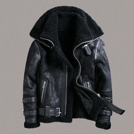 BLACK SHEEPSKIN AVIATOR LEATHER JACKET