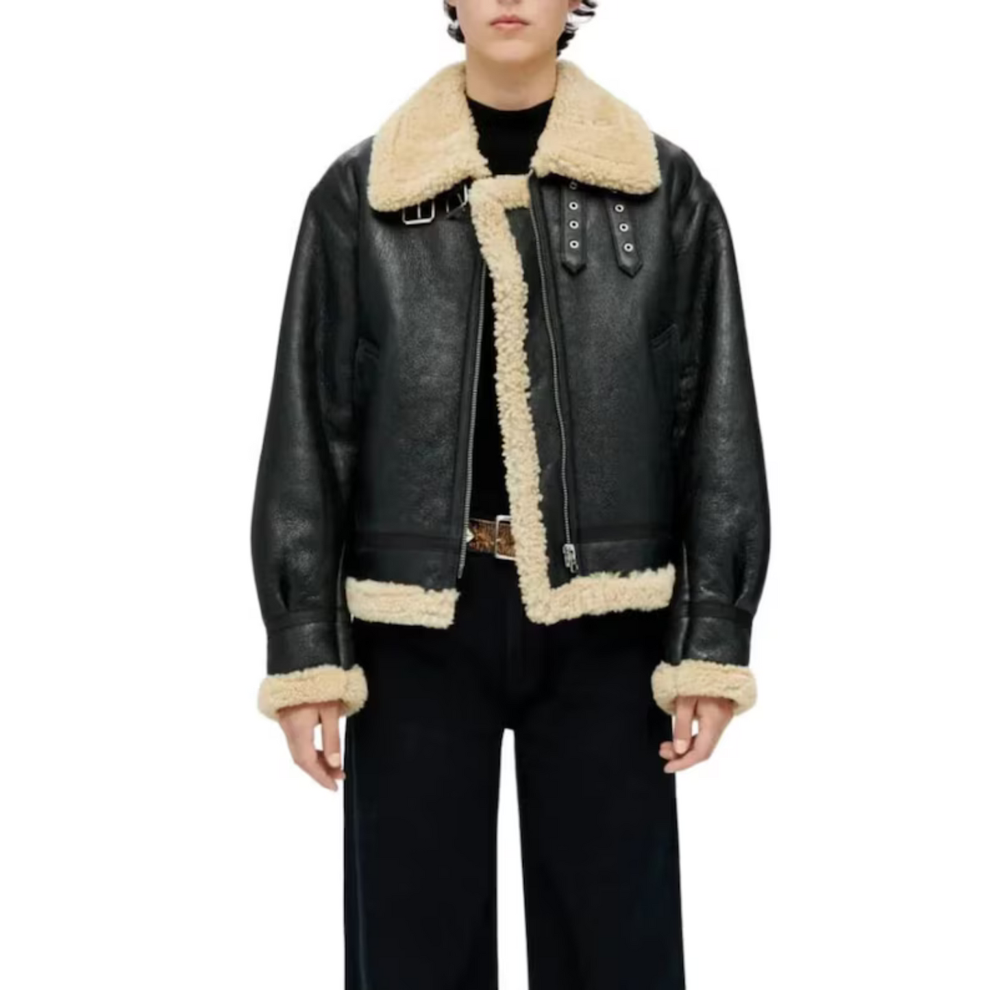 WOMEN'S BLACK SHEARLING AVIATOR JACKET