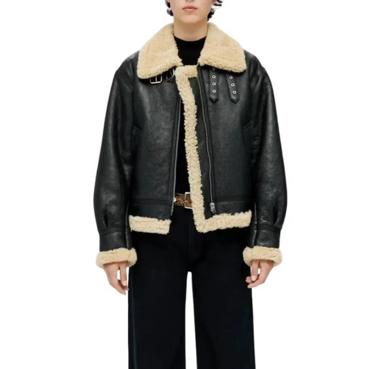 WOMEN'S BLACK SHEARLING AVIATOR JACKET