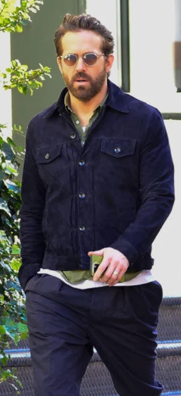 RYAN REYNOLDS NAVY BLUE SUEDE TRUCKER JACKET
