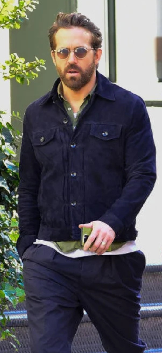 RYAN REYNOLDS NAVY BLUE SUEDE TRUCKER JACKET