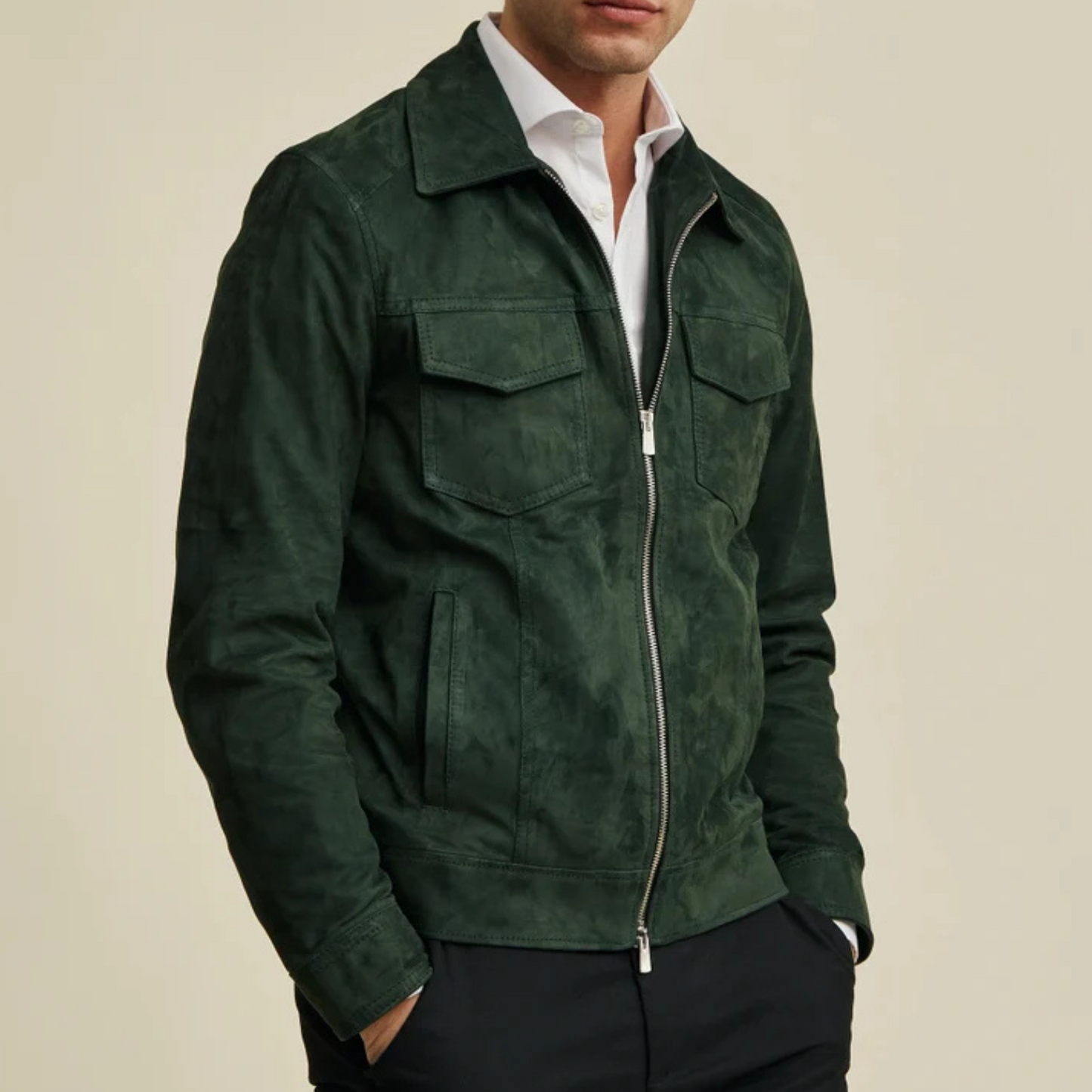 OLIVE GREEN SUEDE LEATHER JACKET
