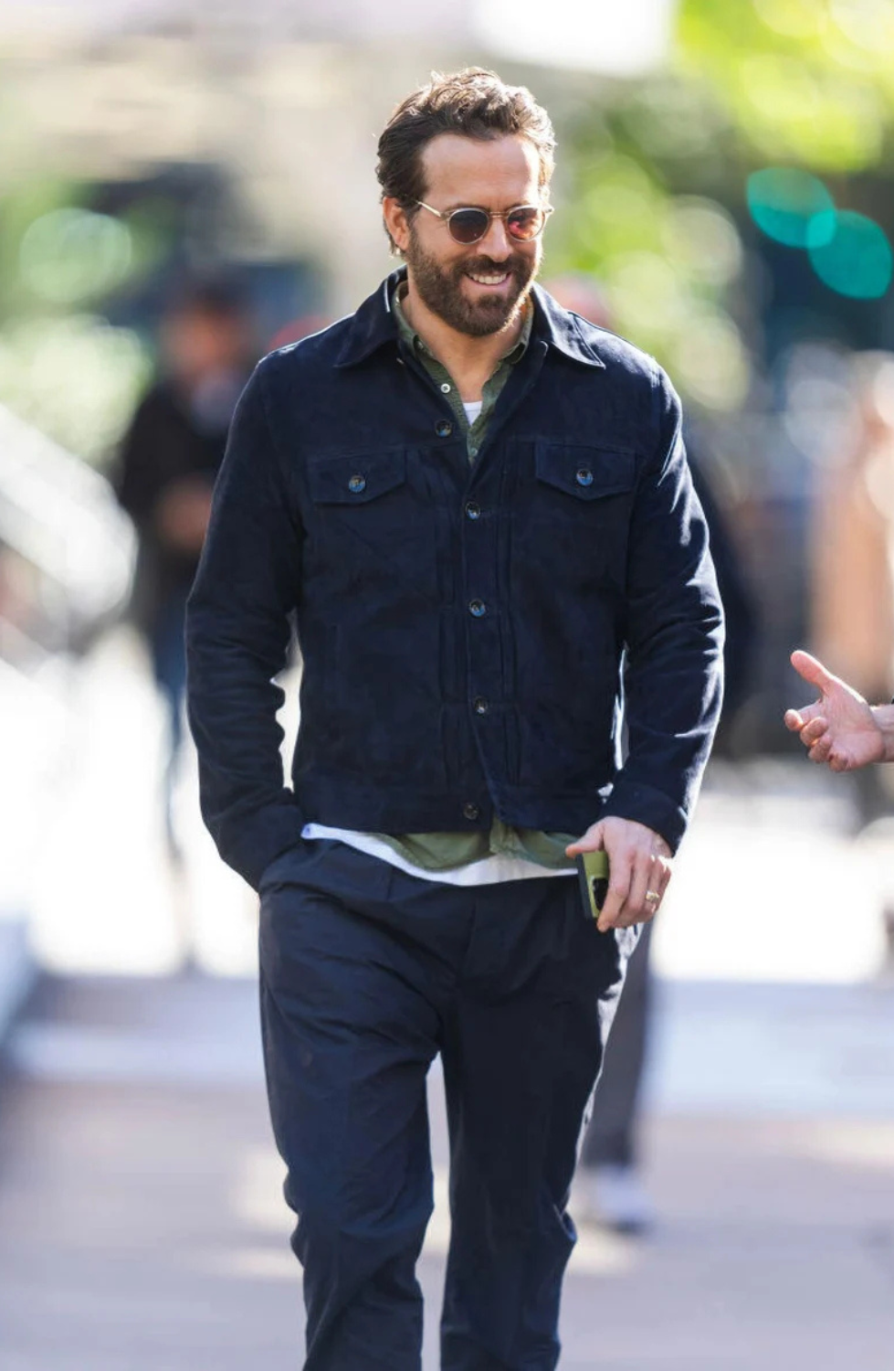 RYAN REYNOLDS NAVY BLUE SUEDE TRUCKER JACKET