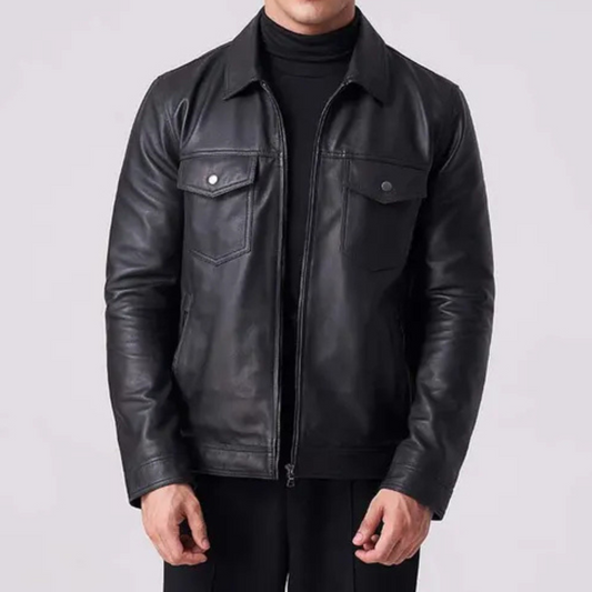 MEN'S CLASSIC BLACK LEATHER SHIRT JACKET