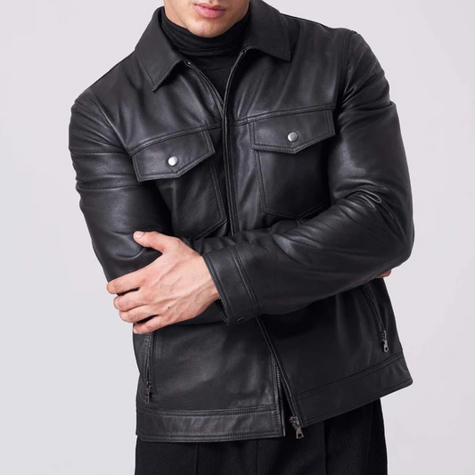 MEN'S CLASSIC BLACK LEATHER SHIRT JACKET