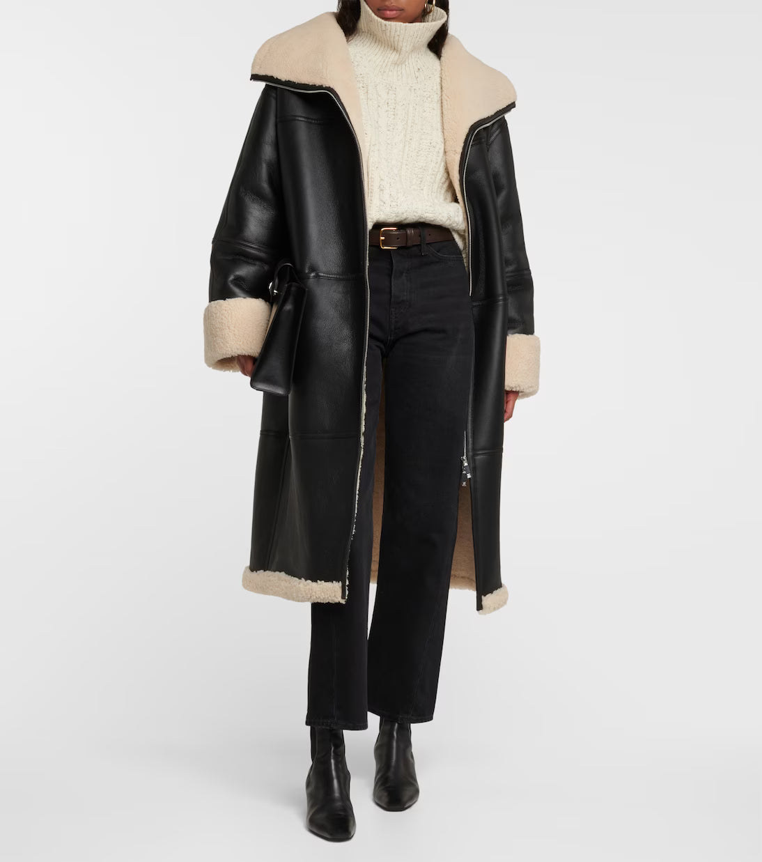 WOMEN'S LONG BLACK SHEARLING COAT