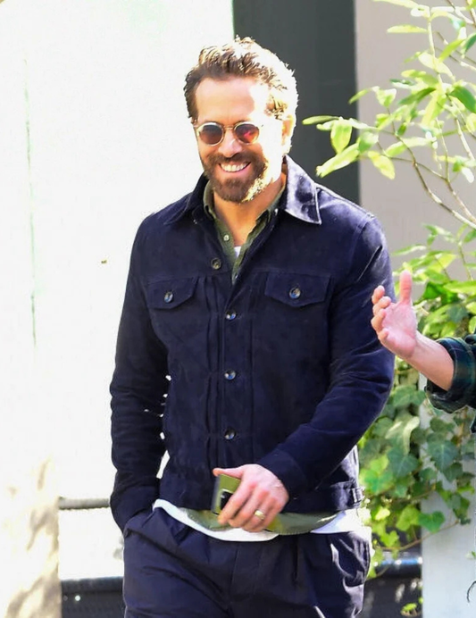 RYAN REYNOLDS NAVY BLUE SUEDE TRUCKER JACKET