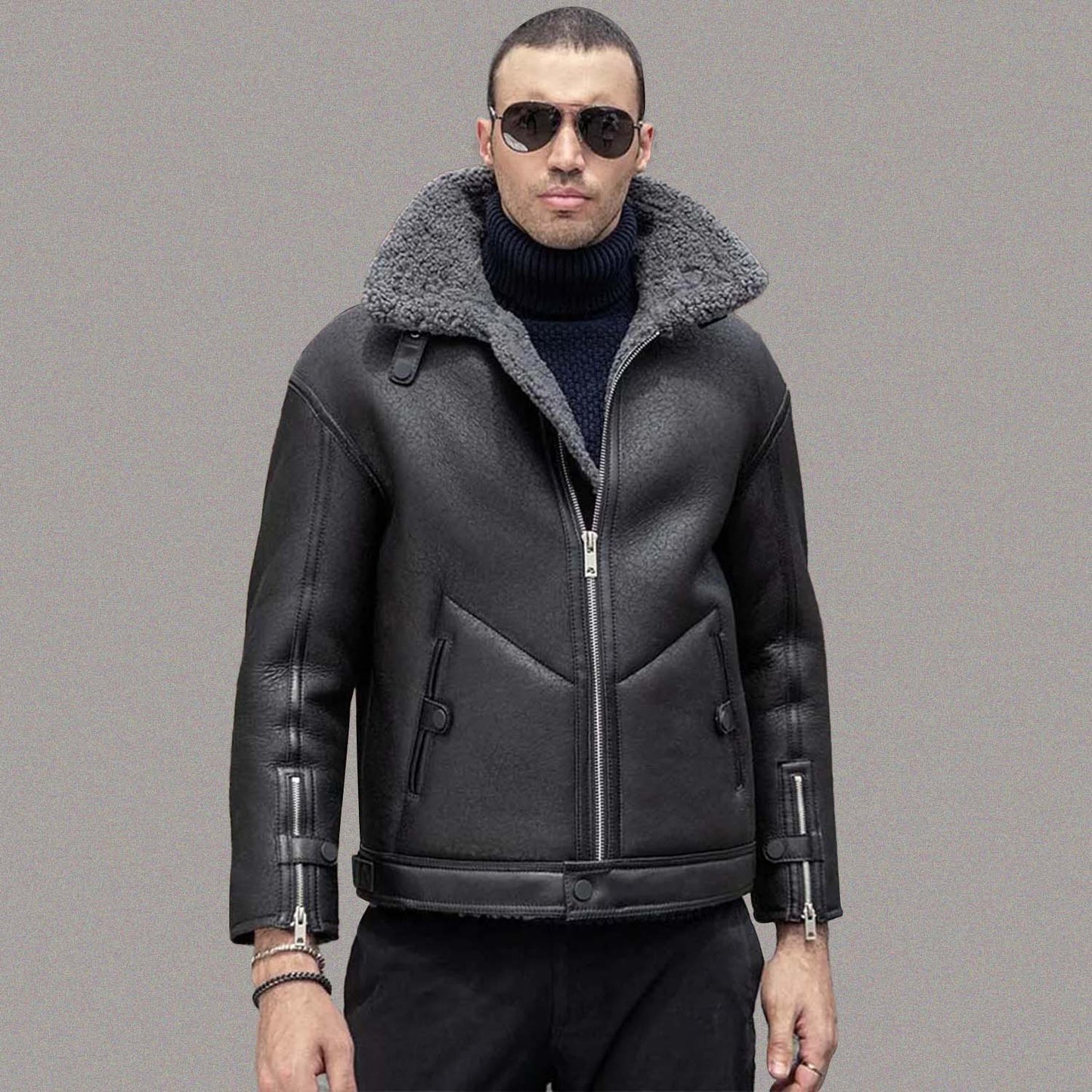 MEN'S BLACK SHEARLING LEATHER JACKET