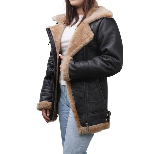 WOMEN'S LONGLINE BLACK SHEARLING JACKET