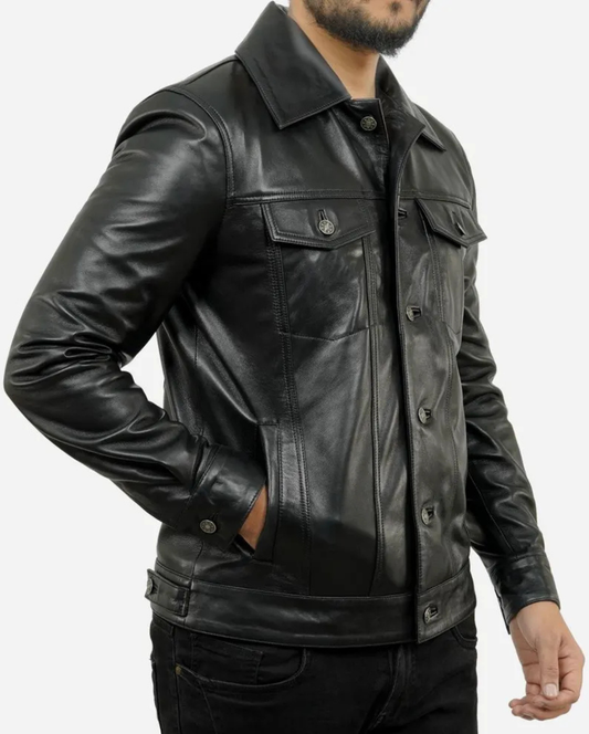MEN’S PREMIUM BLACK LEATHER TRUCKER JACKET