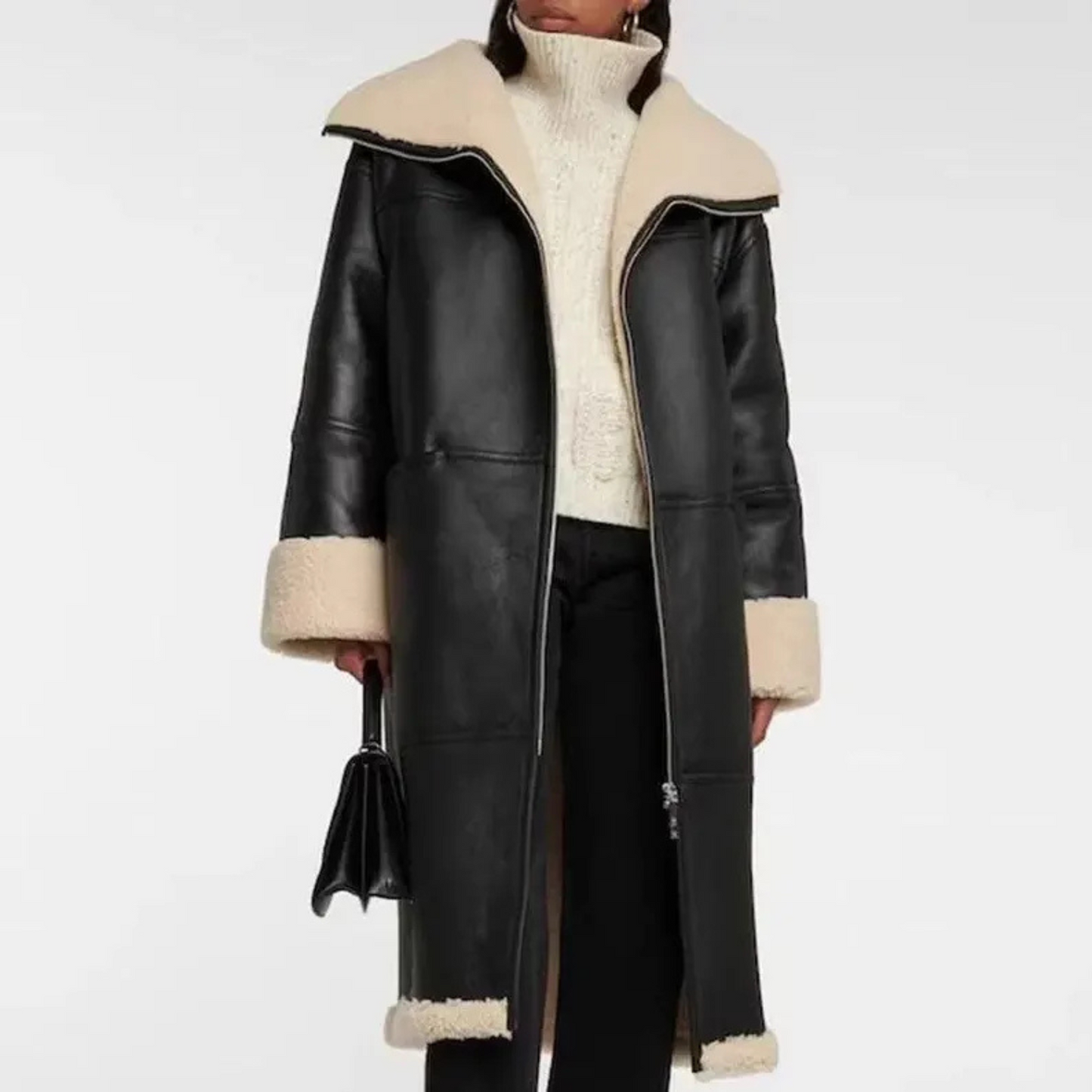 WOMEN'S LONG BLACK SHEARLING COAT