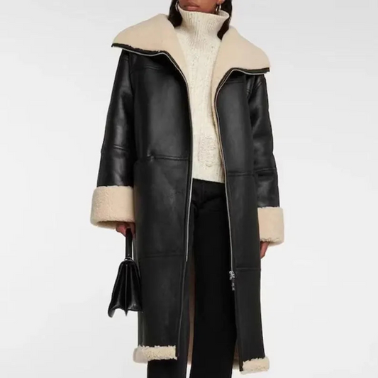 WOMEN'S LONG BLACK SHEARLING COAT