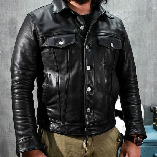HANDMADE BLACK LEATHER TRUCKER JACKET
