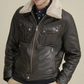 MEN’S DARK BROWN SHEARLING COLLAR LEATHER JACKET