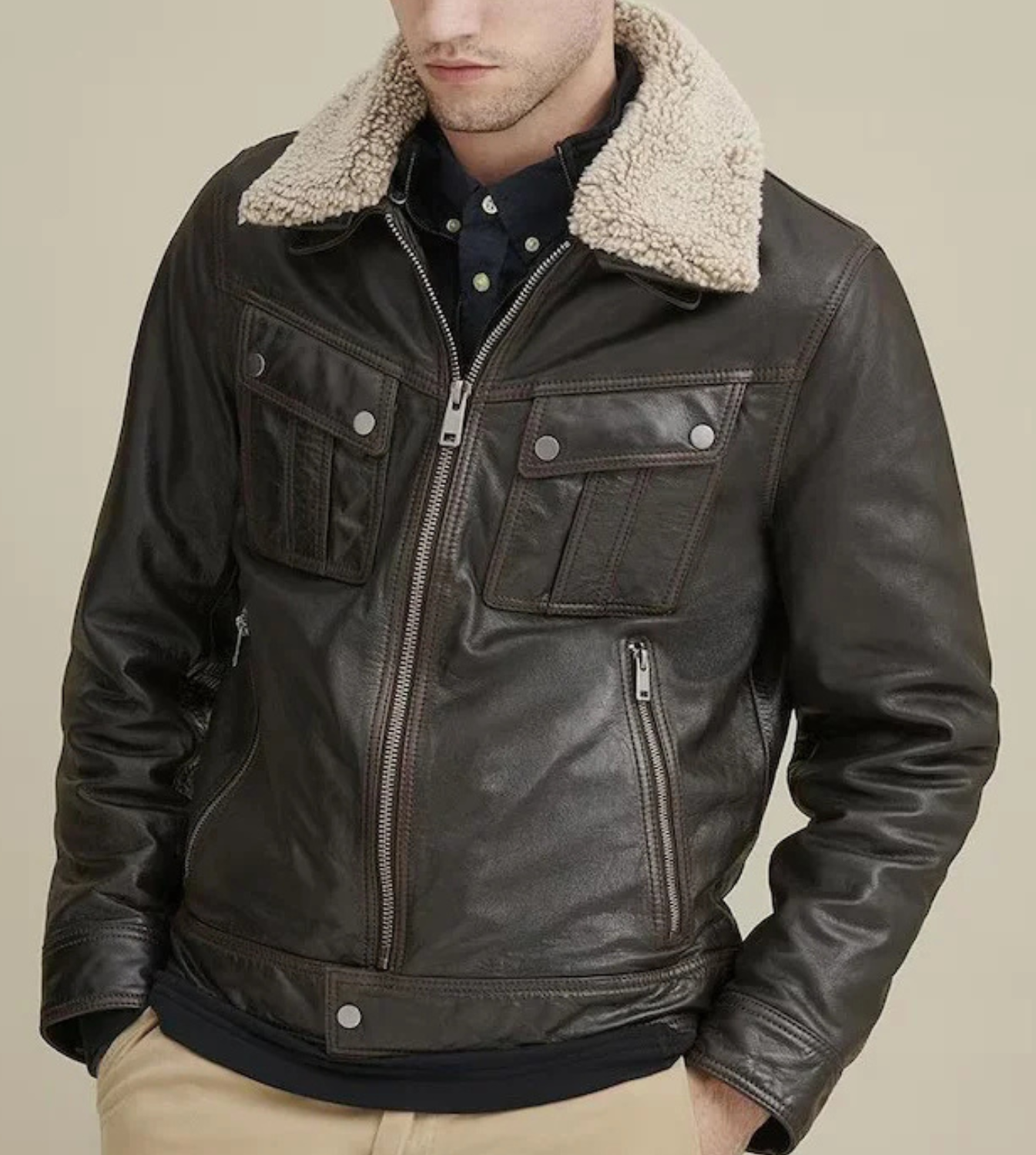 MEN’S DARK BROWN SHEARLING COLLAR LEATHER JACKET