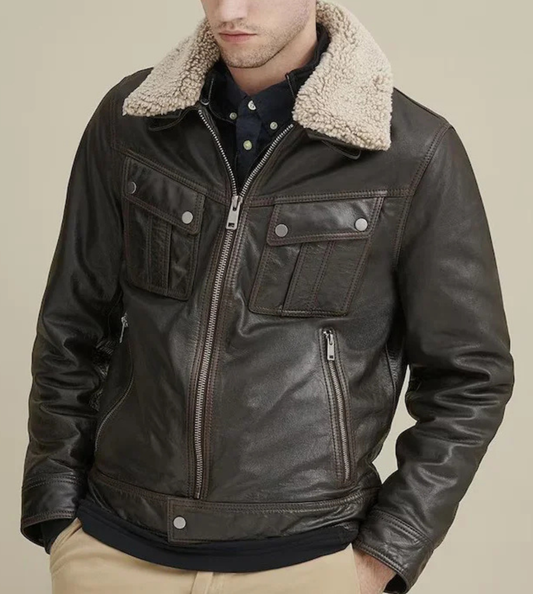 MEN’S DARK BROWN SHEARLING COLLAR LEATHER JACKET