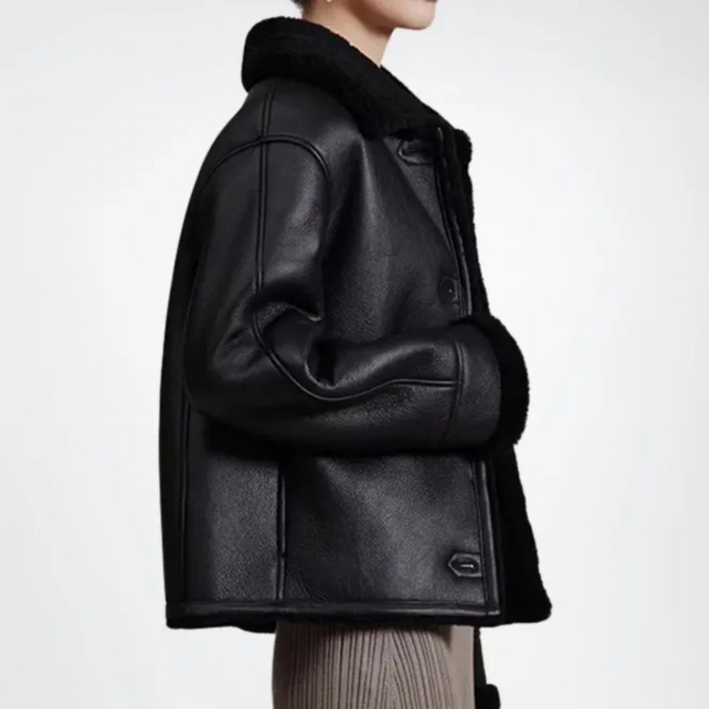 WOMEN'S BLACK SHEARLING LEATHER JACKET