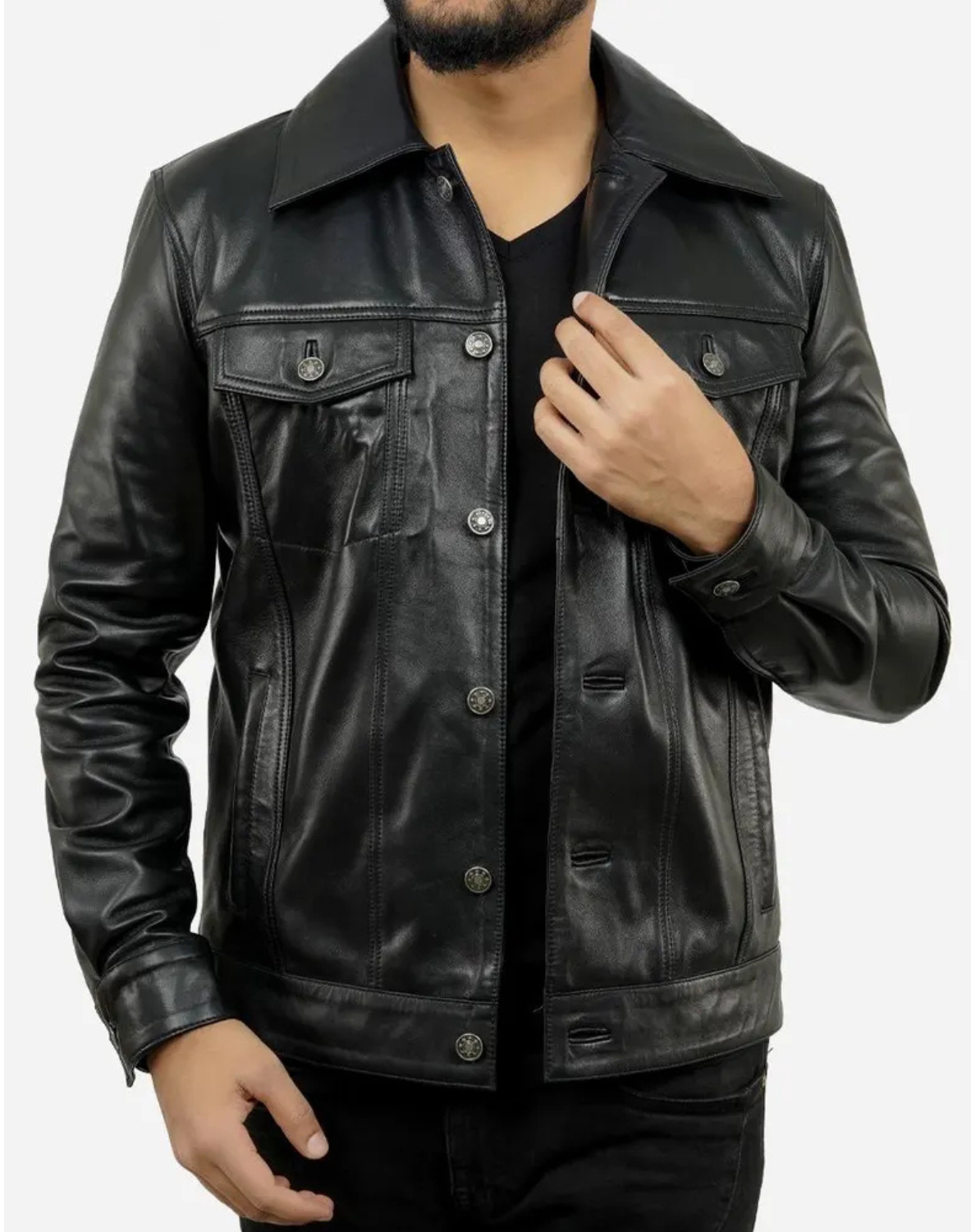 MEN’S PREMIUM BLACK LEATHER TRUCKER JACKET