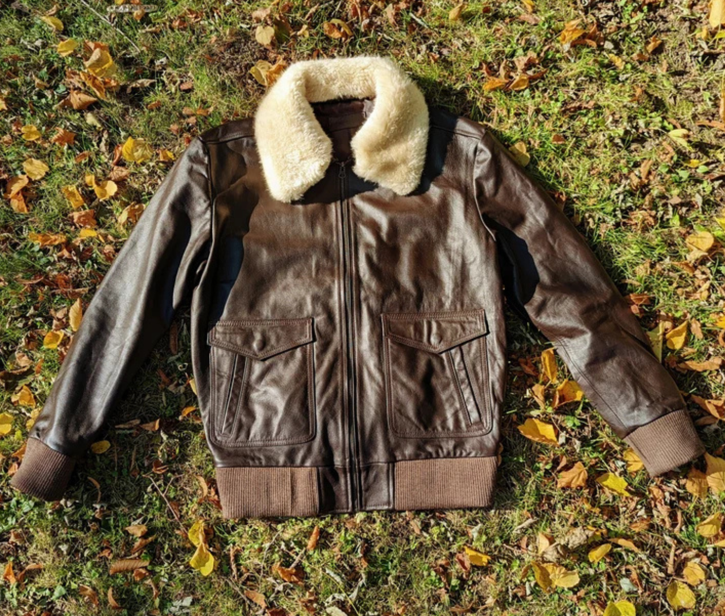 LEATHER JACKET WITH SHEARLING FUR COLLAR