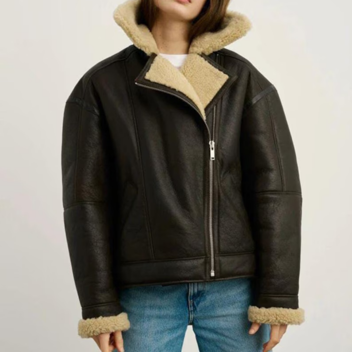 WOMEN'S CROPPED SHEARLING LEATHER JACKET