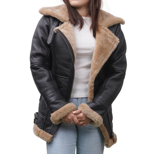 WOMEN'S LONGLINE BLACK SHEARLING JACKET