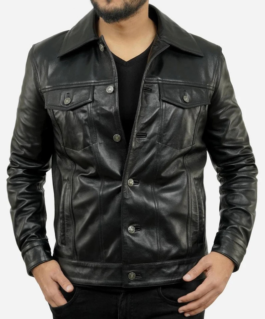 MEN’S PREMIUM BLACK LEATHER TRUCKER JACKET