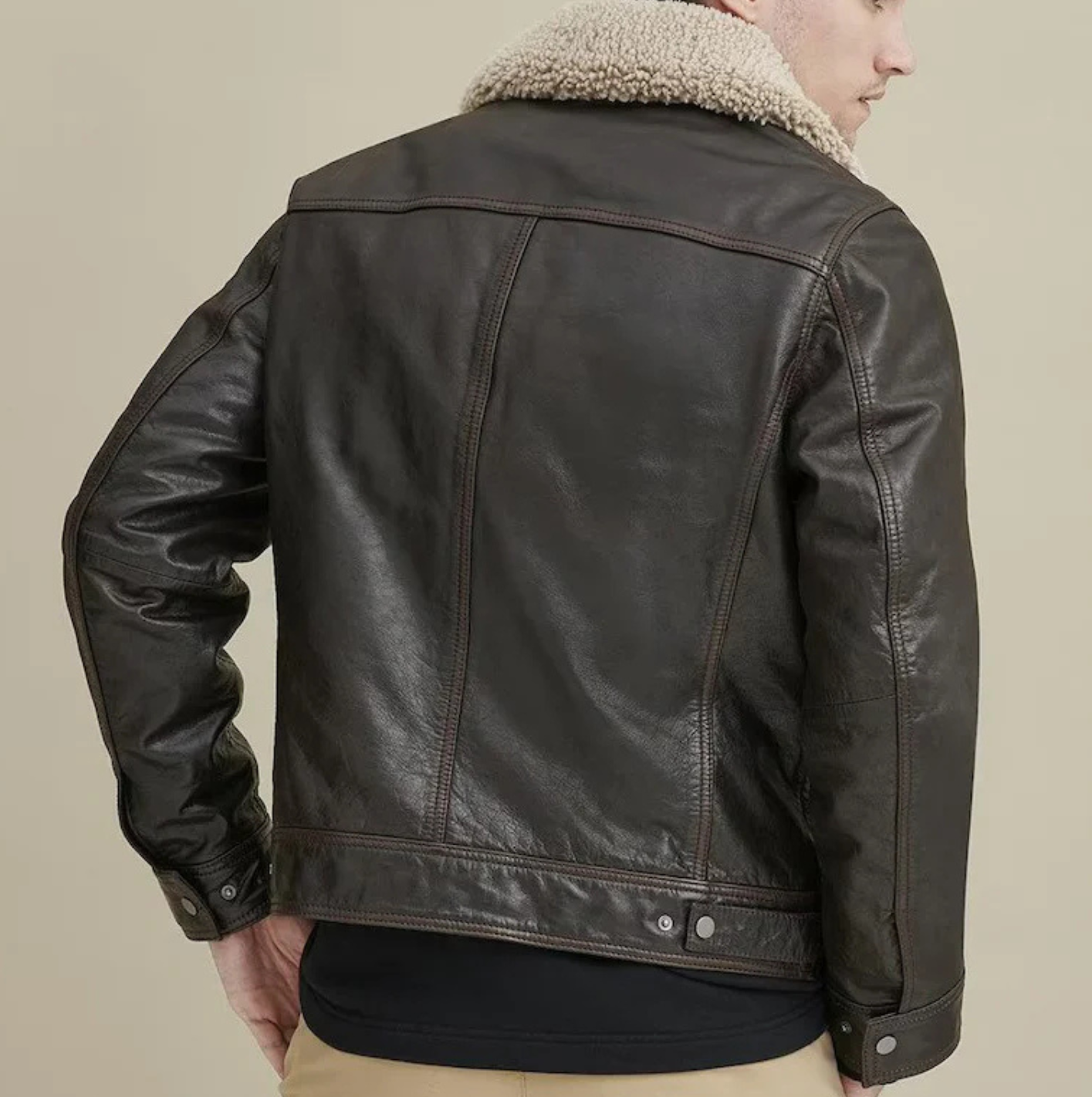 MEN’S DARK BROWN SHEARLING COLLAR LEATHER JACKET