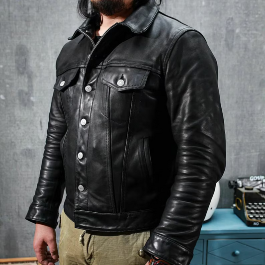 HANDMADE BLACK LEATHER TRUCKER JACKET