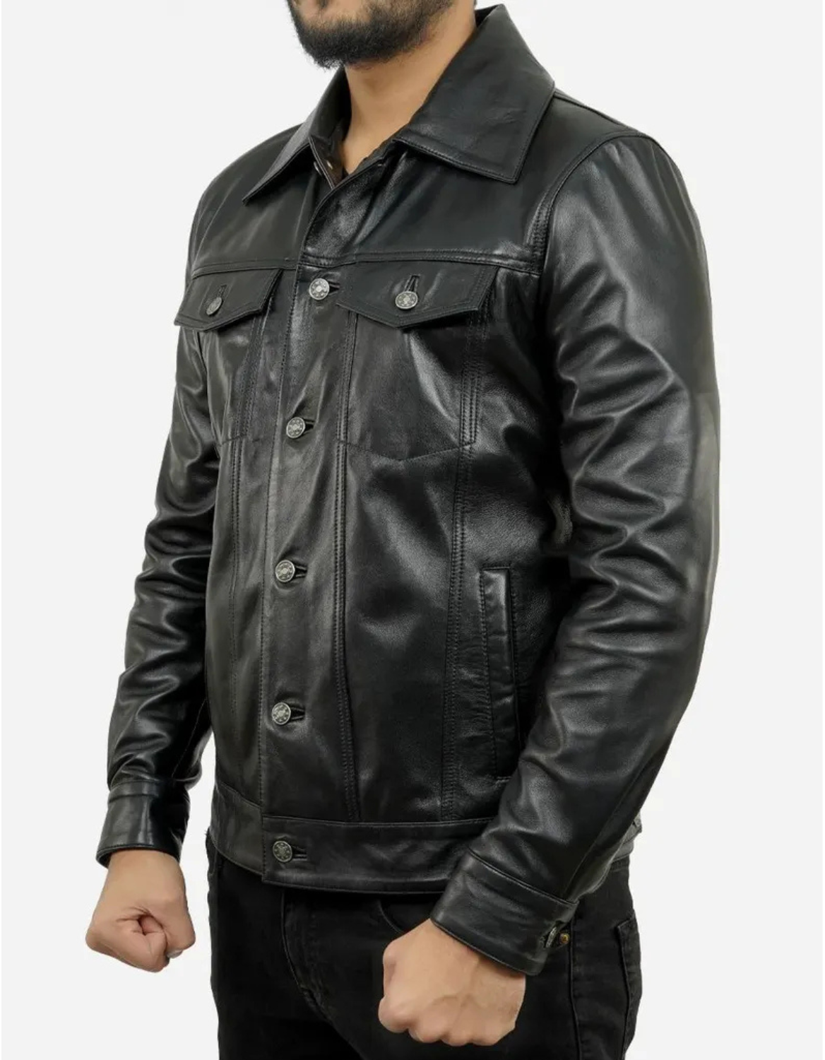 MEN’S PREMIUM BLACK LEATHER TRUCKER JACKET