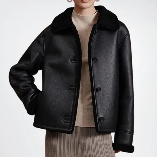 WOMEN'S BLACK SHEARLING LEATHER JACKET