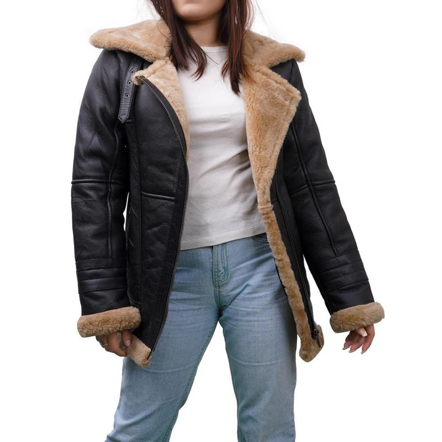 WOMEN'S LONGLINE BLACK SHEARLING JACKET