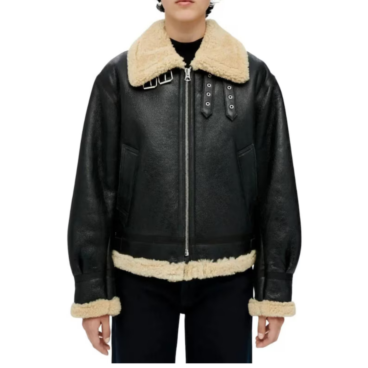 WOMEN'S BLACK SHEARLING AVIATOR JACKET