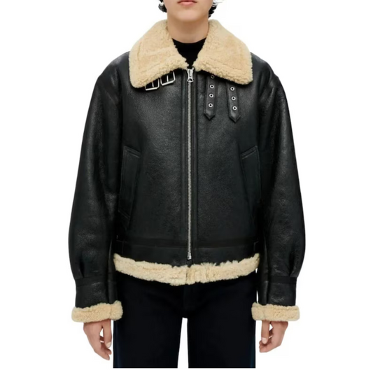 WOMEN'S BLACK SHEARLING AVIATOR JACKET