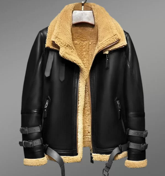 SHEEPSKIN LEATHER JACKET WITH DETACHABLE FUR COLLAR