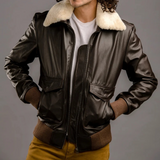 LEATHER JACKET WITH SHEARLING FUR COLLAR