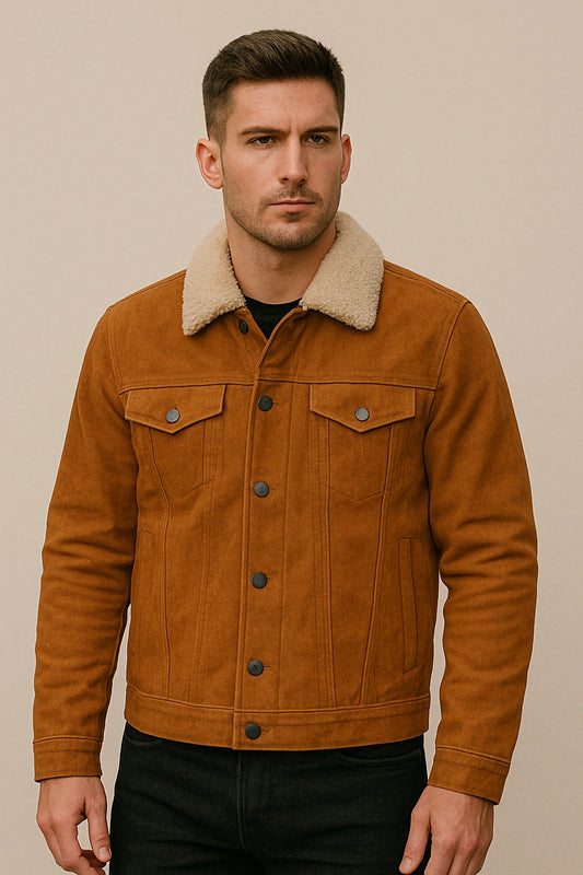 Men’s Brown Suede Jacket with Shearling Collar