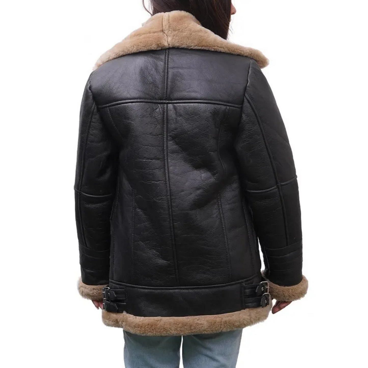 WOMEN'S LONGLINE BLACK SHEARLING JACKET