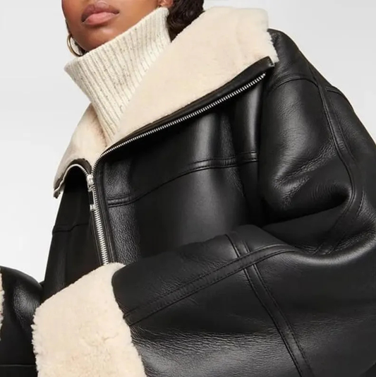 WOMEN'S LONG BLACK SHEARLING COAT